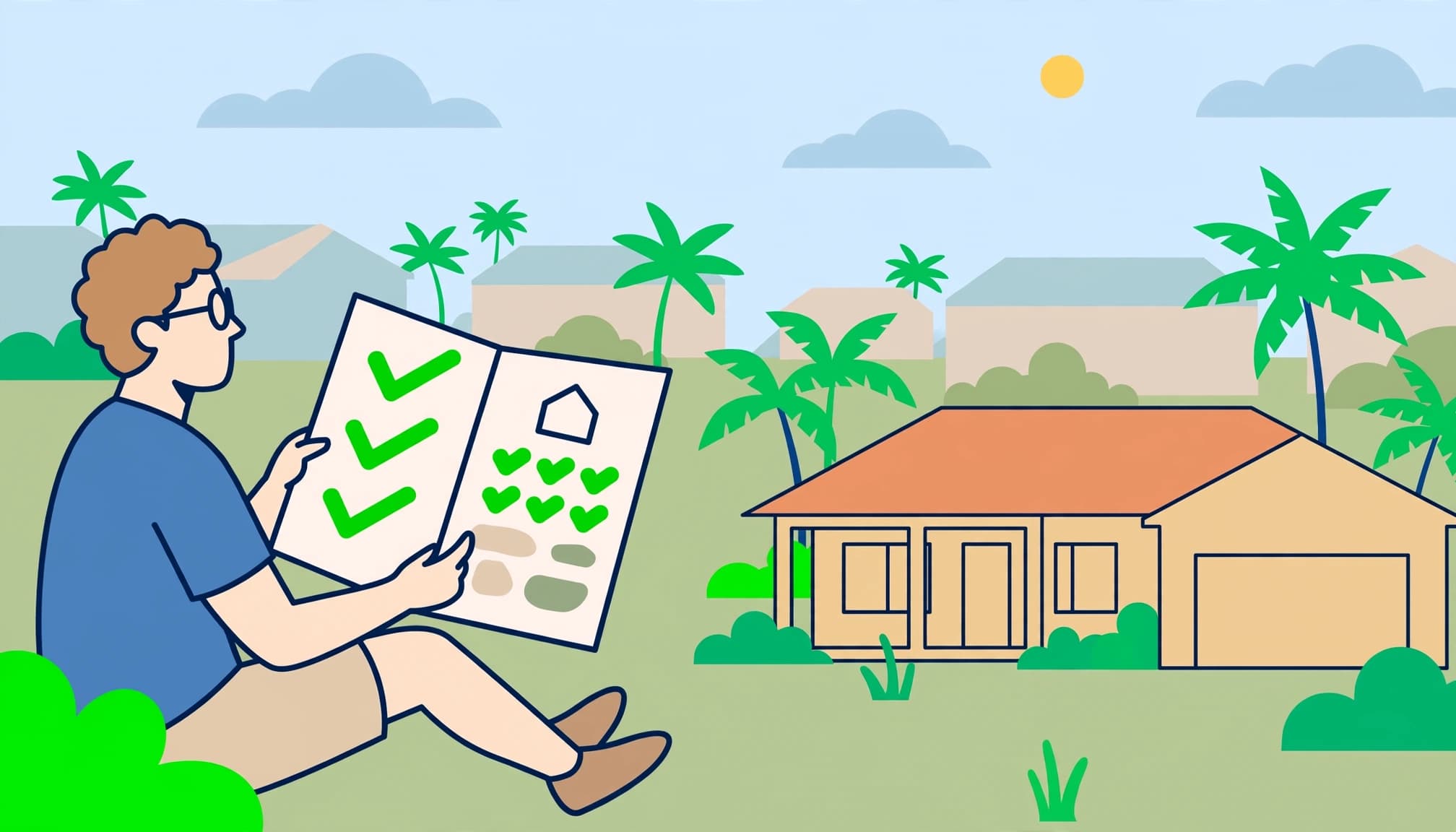 Florida permit history review illustrated with a buyer holding property records beside a Florida home.