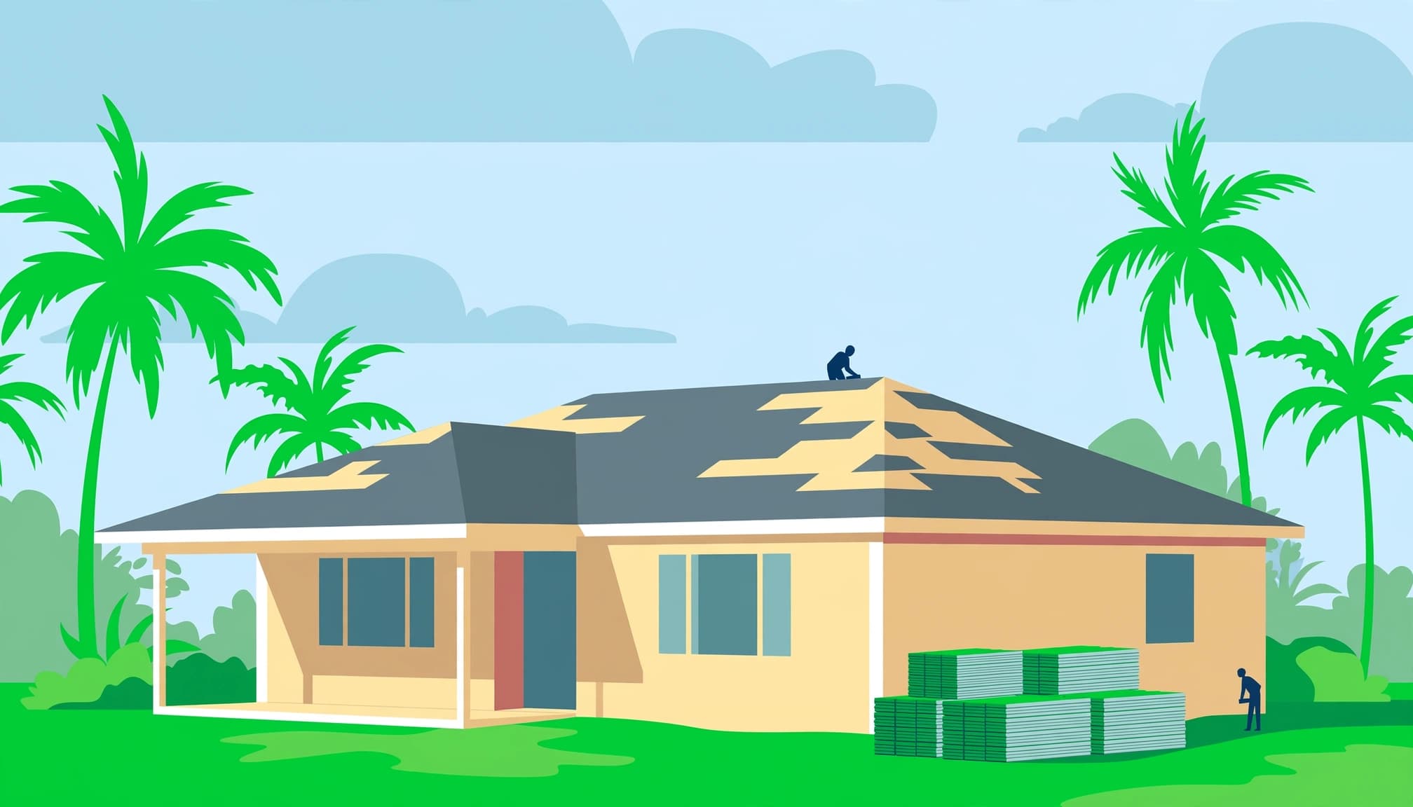 Fort Myers roof replacement illustration showing a Florida home with roofing work in progress.