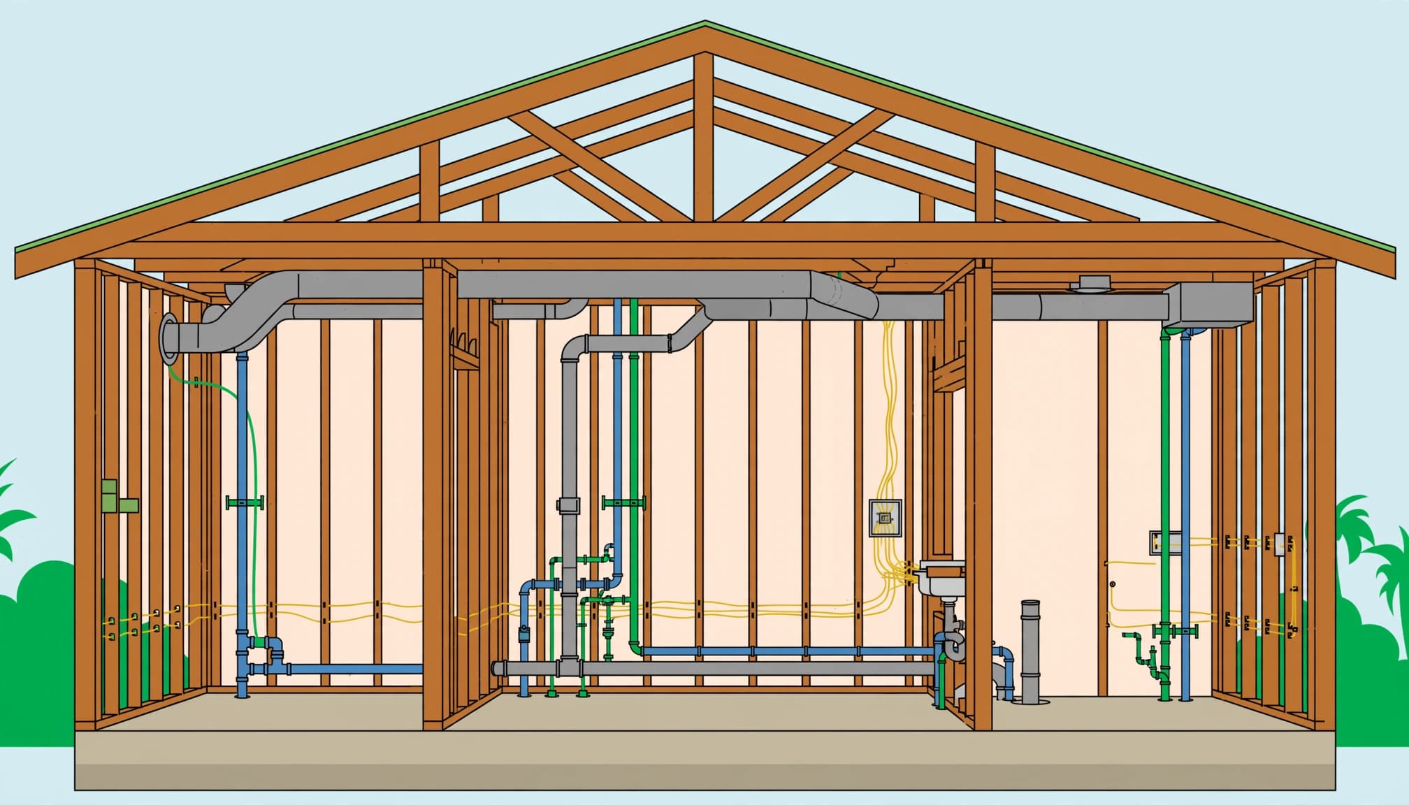 Florida pre-drywall inspection illustration showing exposed framing, plumbing, electrical wiring, and ductwork.