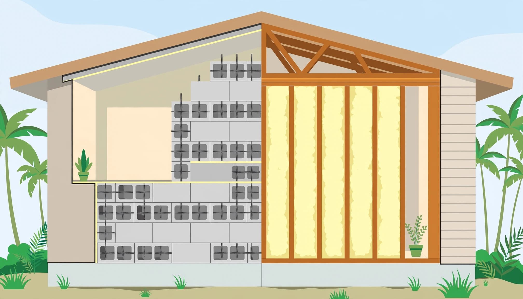 A Florida home cutaway illustrating block vs wood construction with masonry and insulated wood-framed walls.