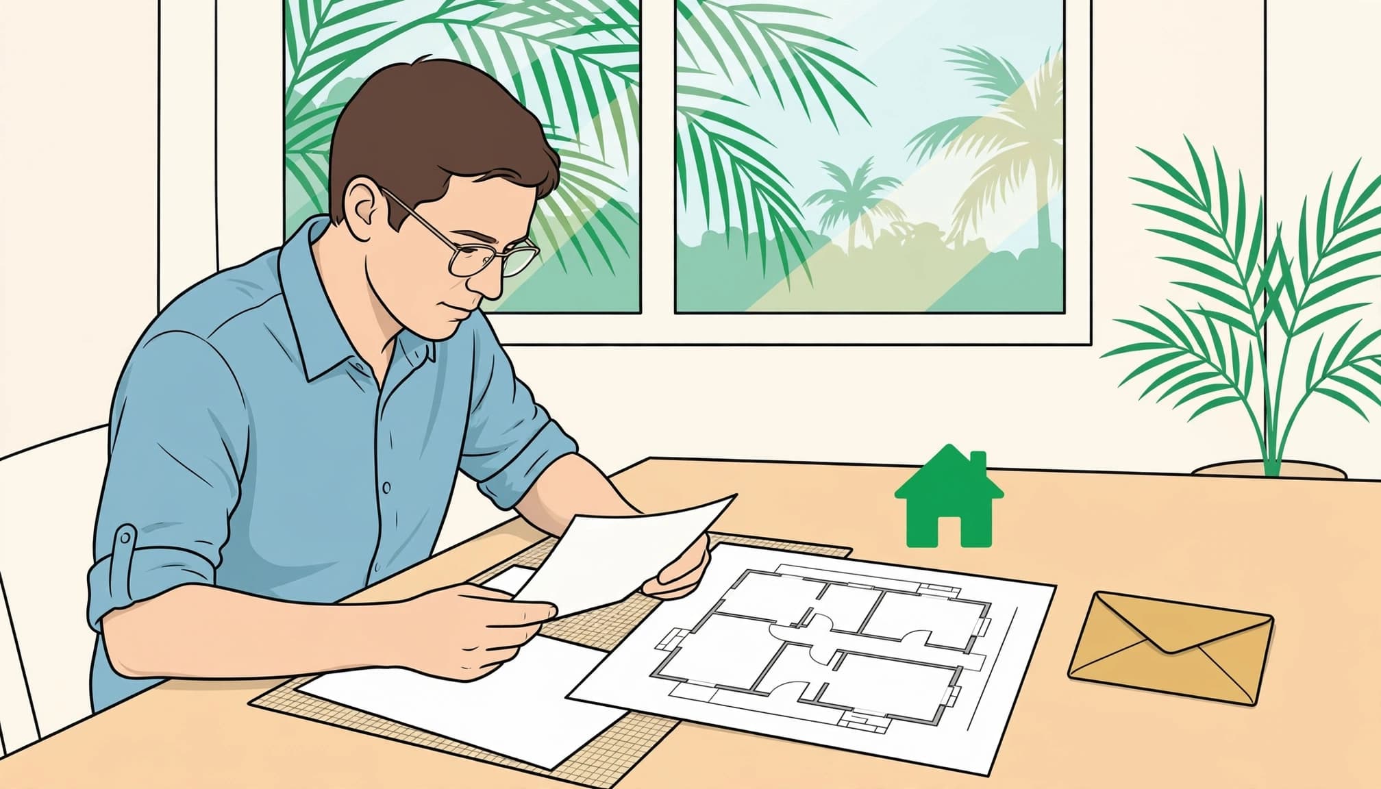 Florida lien waivers illustrated by a homeowner reviewing construction payment documents and house plans.