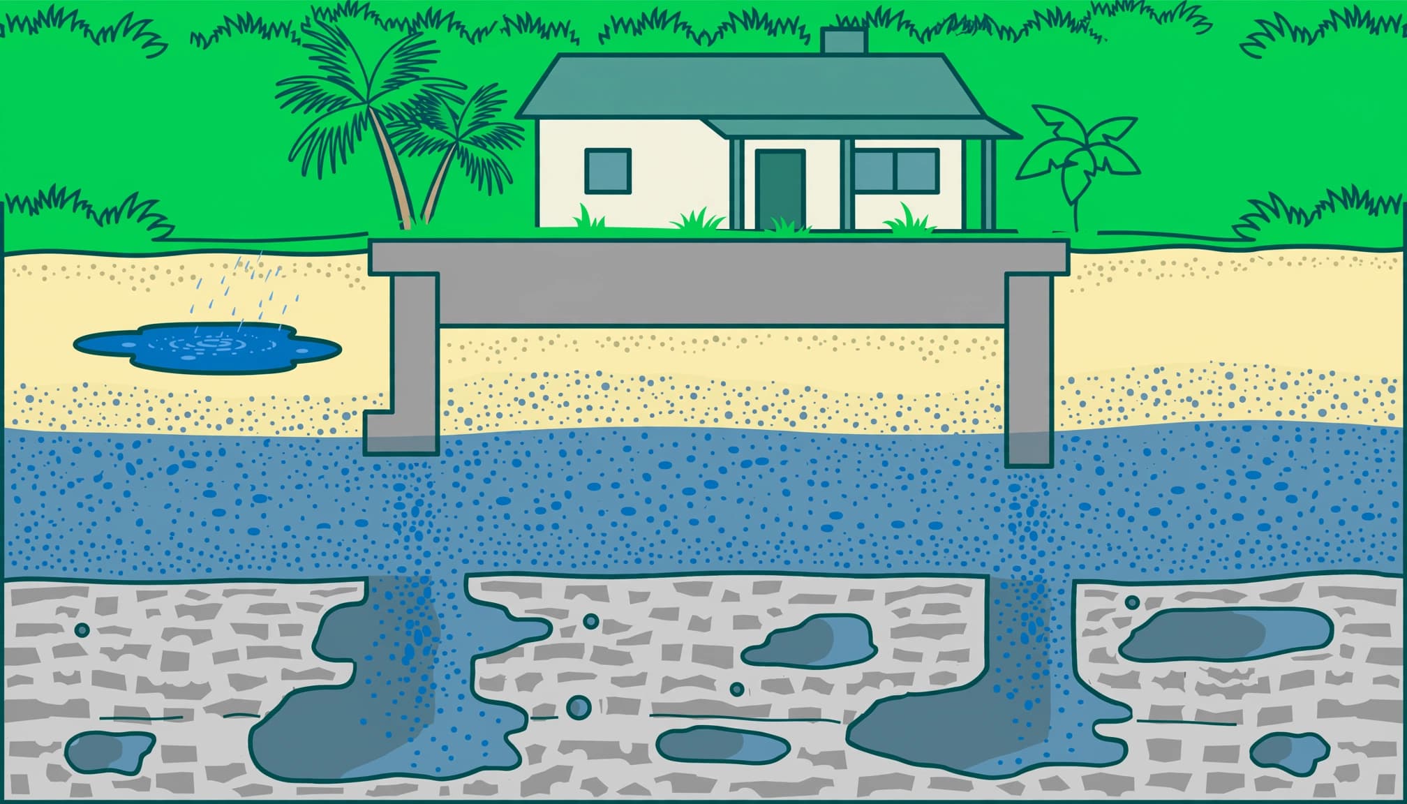 Florida high water table illustration showing a house foundation above groundwater, soil, and limestone layers.