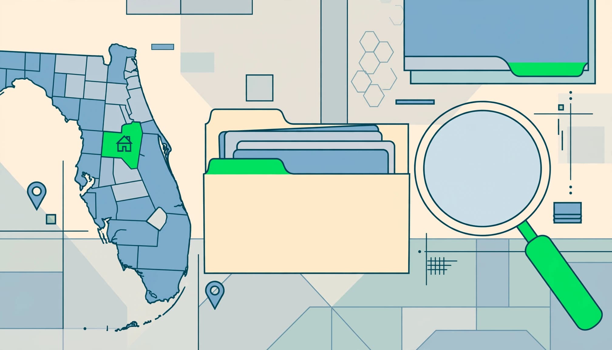Florida permit history search illustrated with a parcel map, property folder, and magnifying glass.