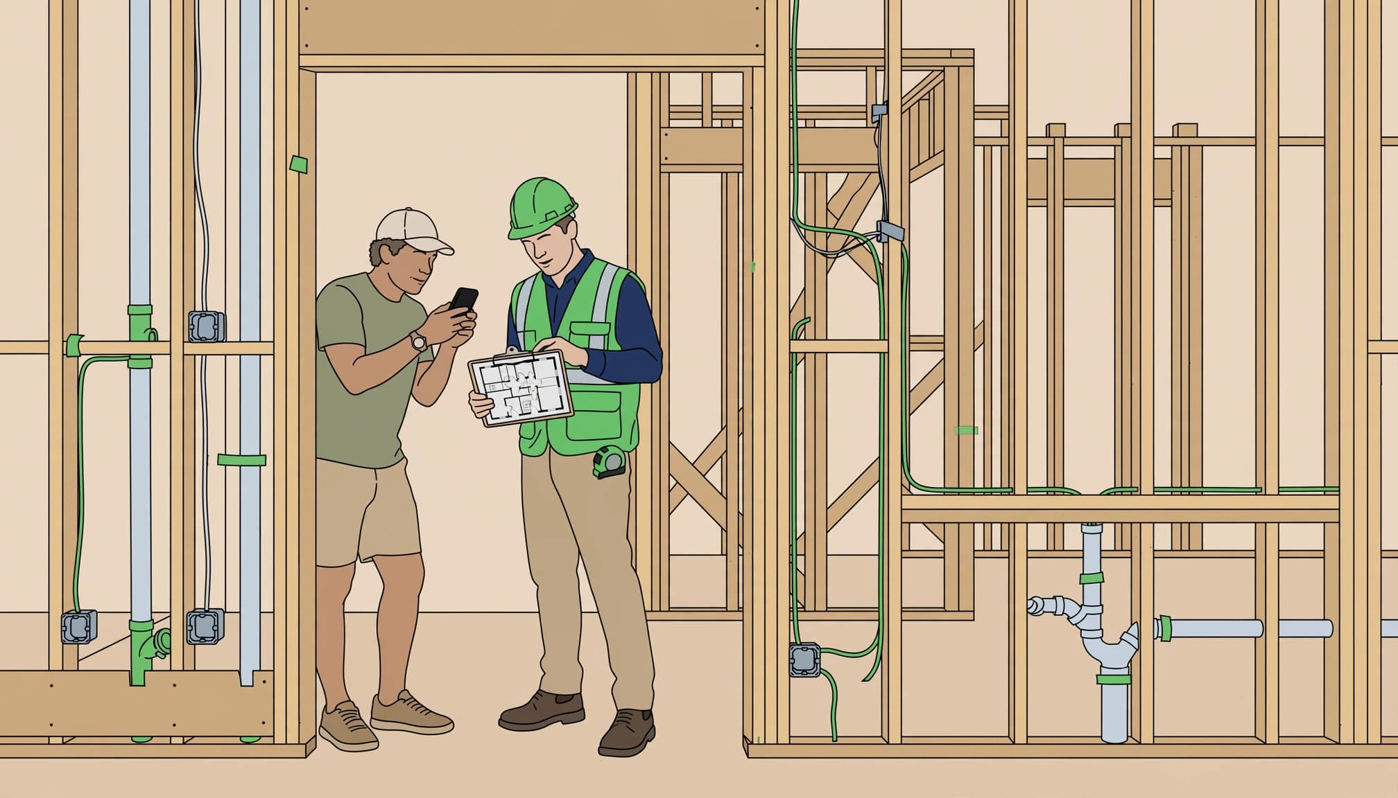 Pre-drywall inspection walkthrough illustration showing a homebuyer and project manager reviewing plans inside an unfinished home.