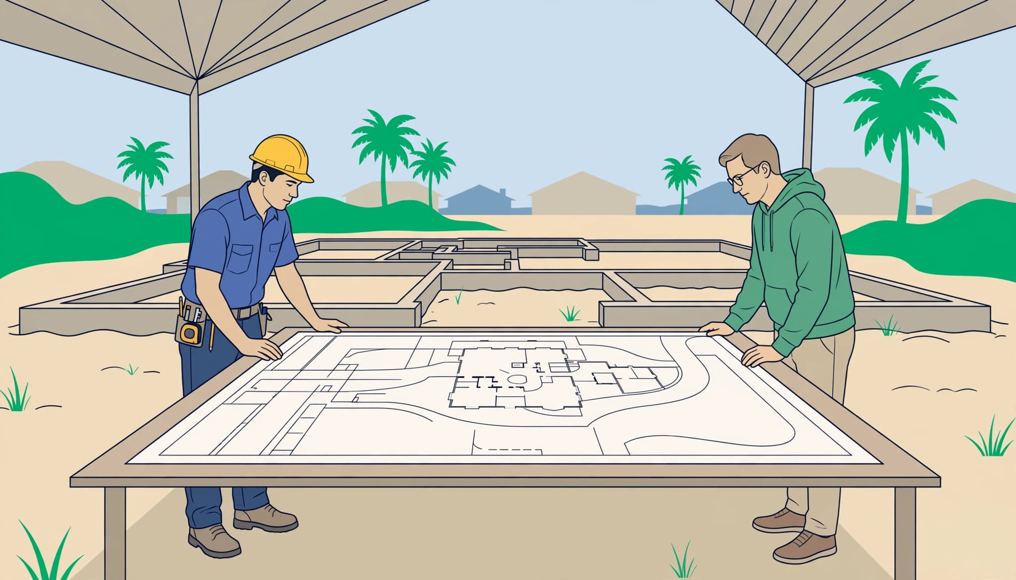 Builder and homeowner reviewing plans during a residential pre-construction meeting