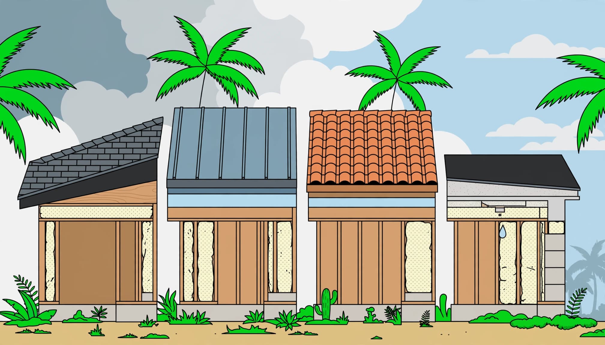Fort Myers roof replacement material options illustrated as shingle, metal, tile, and flat-roof sections.