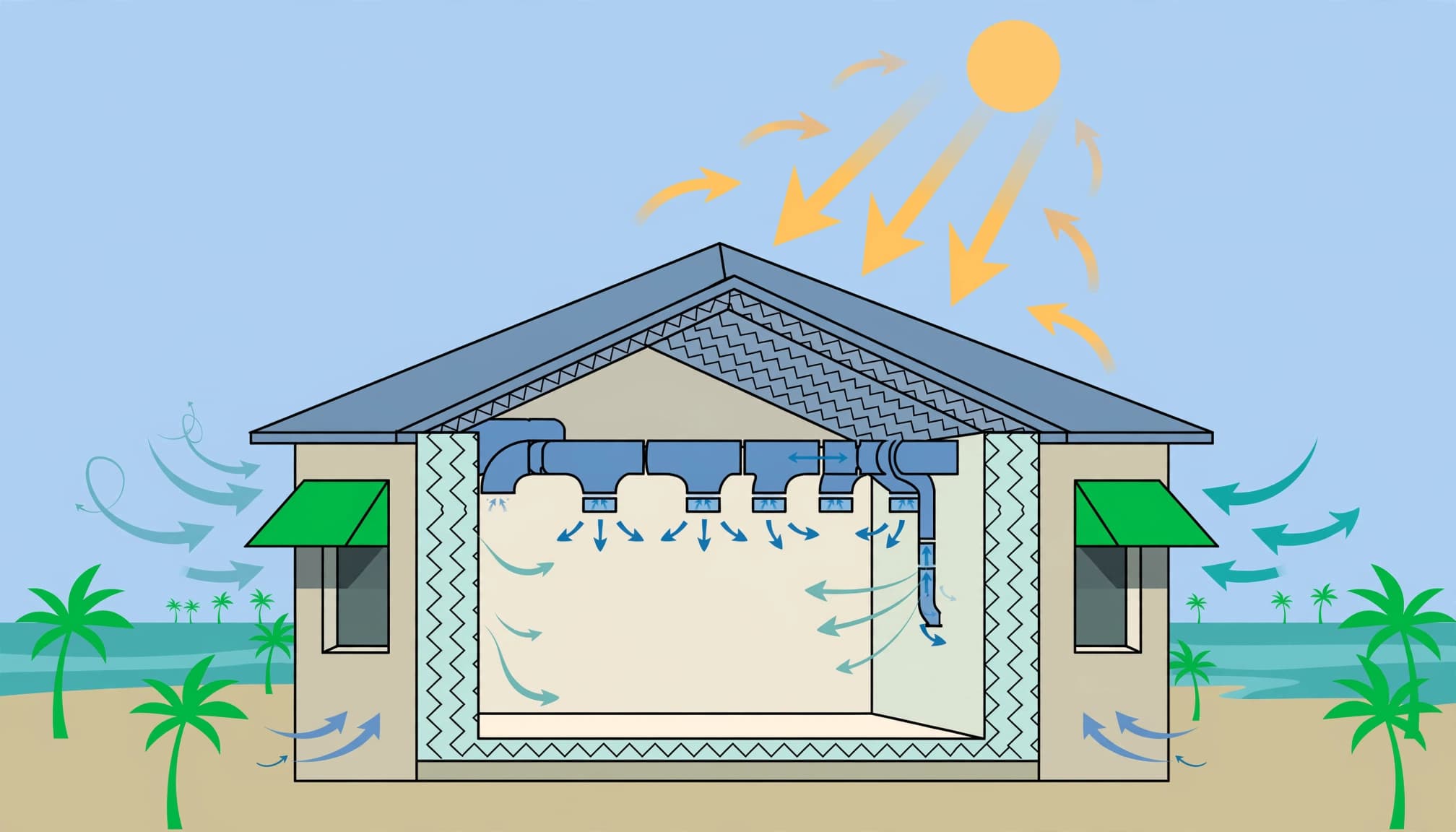 HVAC load calculation illustration showing a Florida home's insulated walls, shaded windows, and duct routes.