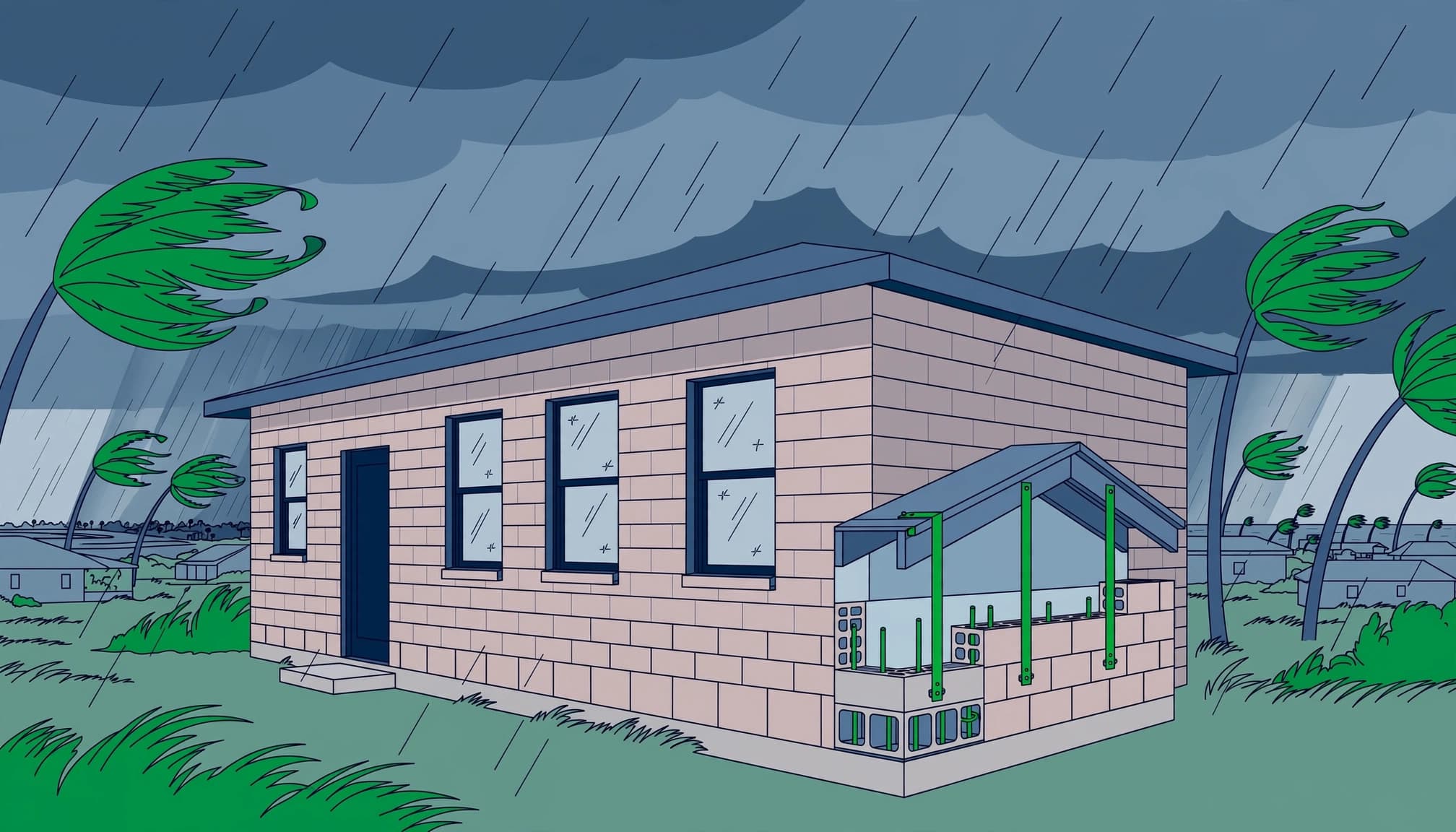 A masonry home showing roof connections and protected openings relevant to block vs wood construction during hurricanes.